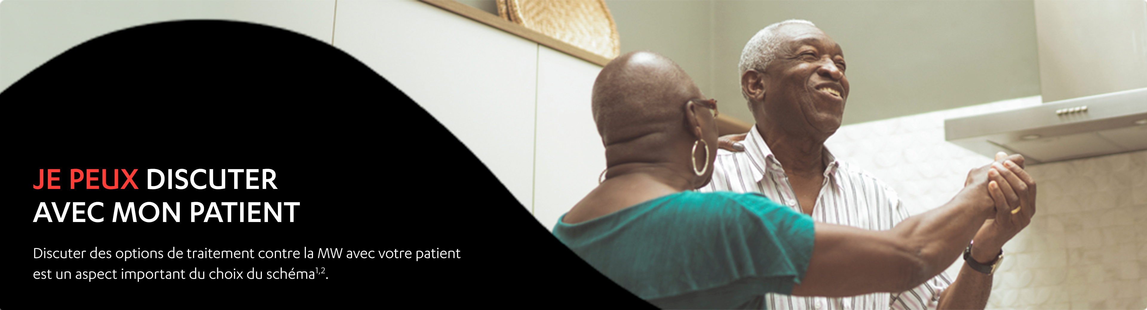 Image d’un couple âgé en train de danser. Je peux discuter avec mon patient. Discuter des options de traitement contre la MW avec votre patient est un aspect important du choix du schéma1,2.