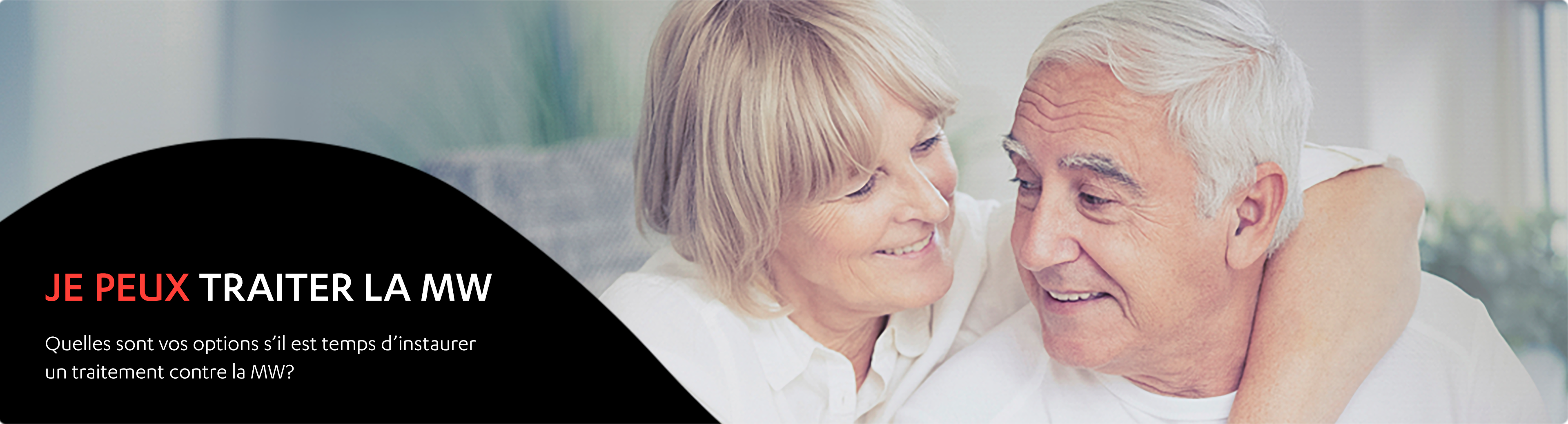 Image d’une femme âgée qui embrasse un homme âgé. Je peux traiter la mw. Quelles sont vos options s’il est temps d’instaurer un traitement contre la MW?