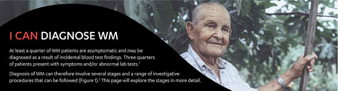 An elderly male standing outside. I can diagnose WM.
                                At least a quarter of WM patients are asymptomatic and may be diagnosed as a result of incidental blood test findings. Three quarters of patients present with symptoms and/or abnormal lab tests.1
                                Diagnosis of WM can therefore involve several stages and a range of investigative procedures that can be followed (Figure 1).2 This page will explore the stages in more detail.